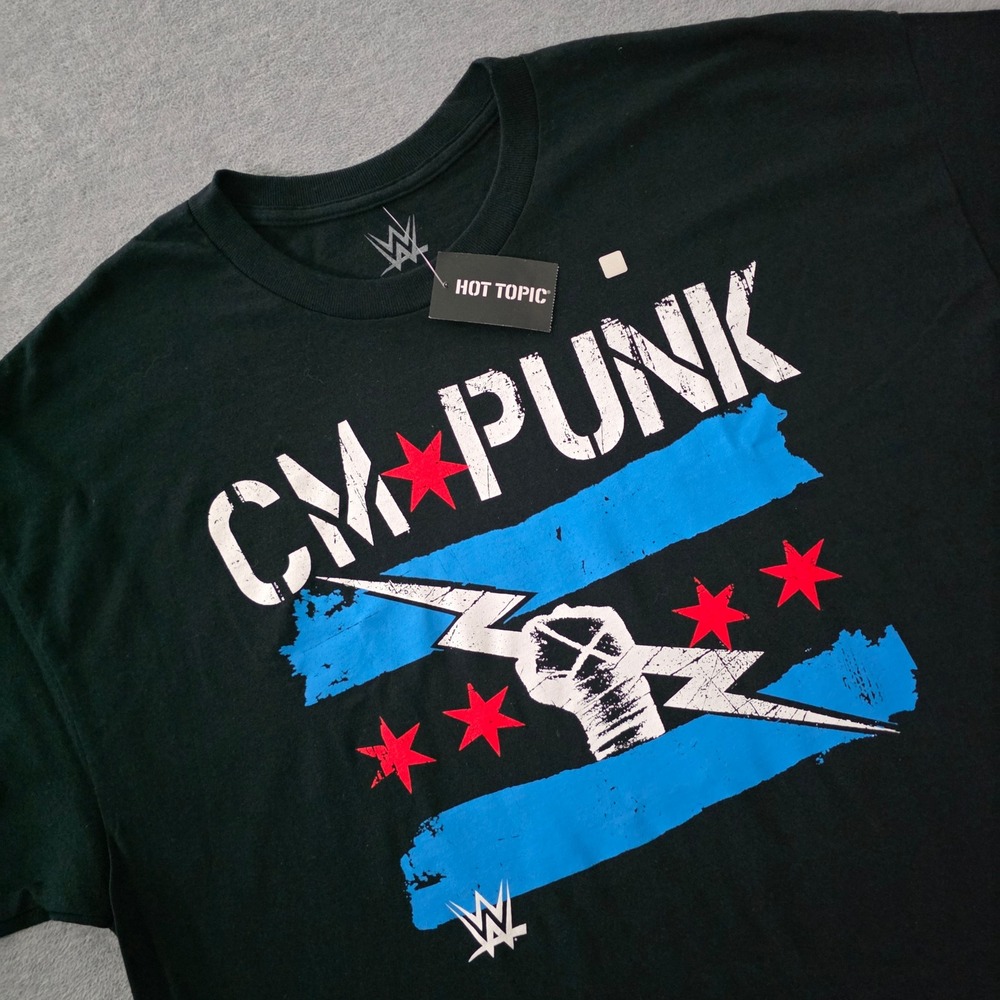 WWE CM Punk Chicago Flag Bolt Graphic T-Shirt Mens XL Black Hot Topic New